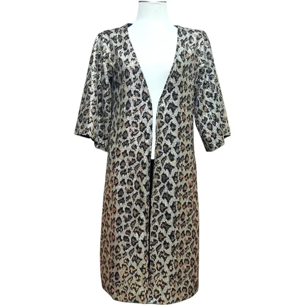 L&B Open Front Mid Length Kimono Leopard Sequin Small